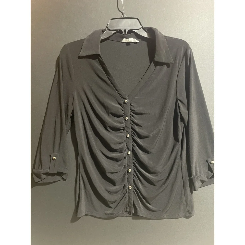 PerSeption Concept Women's Blouse Size XL Silver‎ Buttons  3/4 Sleeves Black